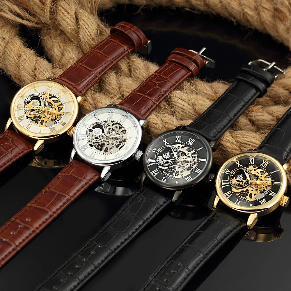 

MG.ORKINA Mens Fashion Skeleton Gold Mechanical Watch Men Casual Hand Wind Black Leather Luminou Male Wrist Watches montre homme