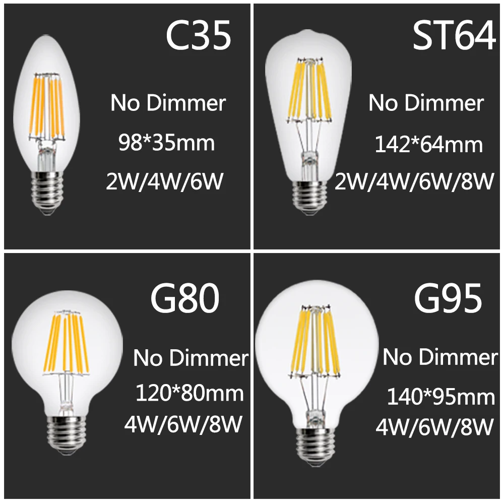 Светодиодный лампа накаливания Эдисона E14 E27 220V C35 G45-G95 ST60 A60 T45 2W 4W 6W 8W подвесной светильник в стиле ретро лампы в форме свечи люстра лампа украшения дома светильник