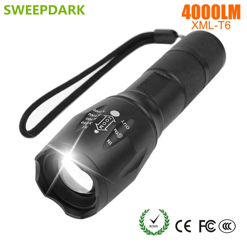 LED Rechargeable Flashlight SWEEPDARK XML T6 linterna torch 4000 lumens 18650 Battery Outdoor Camping Powerful Led Flashlight|Фонарики и