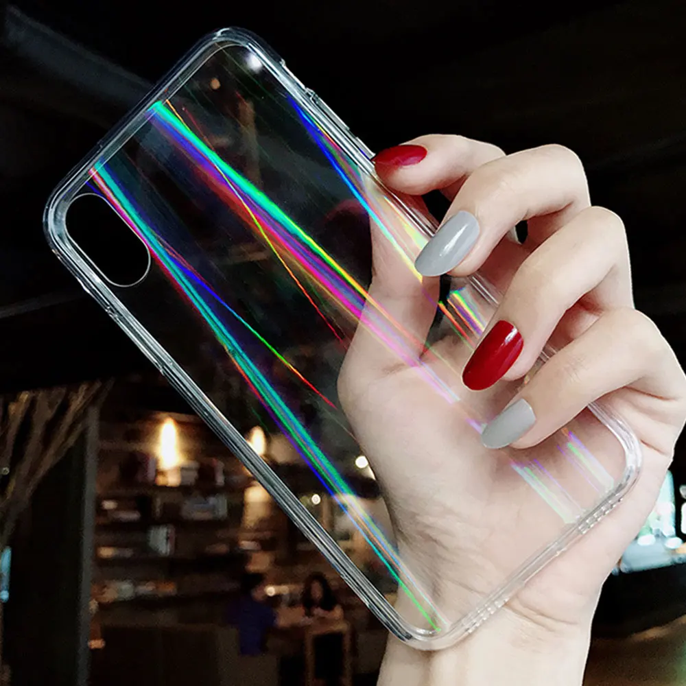 Градиентный лазерный Прозрачный чехол для iPhone 7 8 XR Радужный акриловый X Xs Max 11 pro max