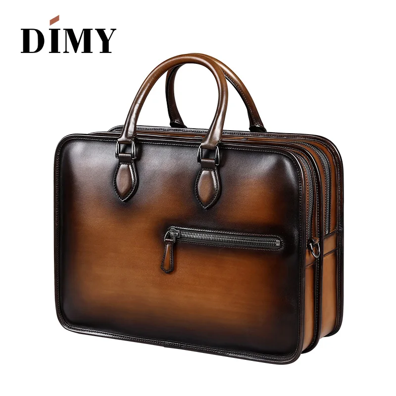 DIMY Hand Patina Leather Men's Briefcases Dutch Calfskin Handbag Business Bags Double Zipper Messenger Bag For Male Gentleman
