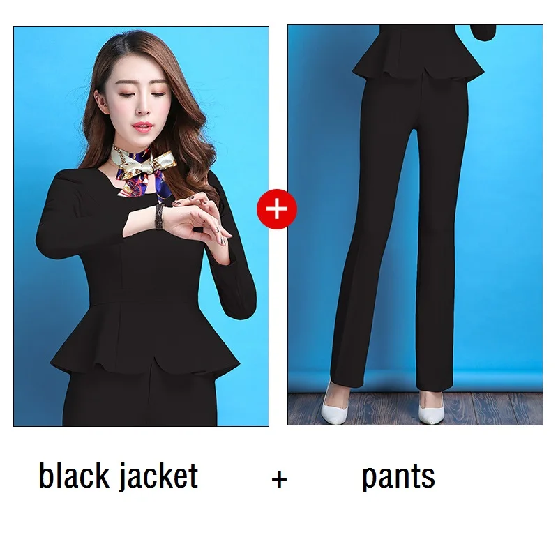 black jacket pants ACRMRAC для женщин официальная одежда костюм короткий стиль рюшами с длинным рукавом сплошной цвет Тонкий Бизнес OL формальные брючные костюмы - Цвет: black jacket pants