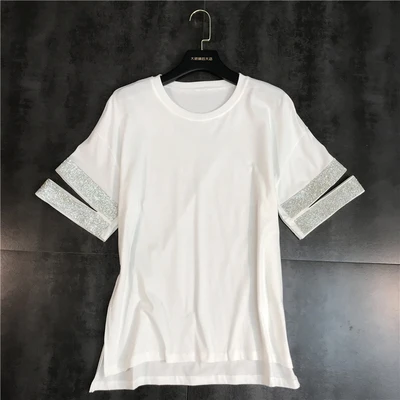 white top Новинка, спортивный костюм Cakucool с коротким рукавом, футболка с круглым вырезом, повседневный костюм, женская одежда, комплект из 2 предметов, штаны с блестками, спортивный костюм для женщин - Цвет: white top