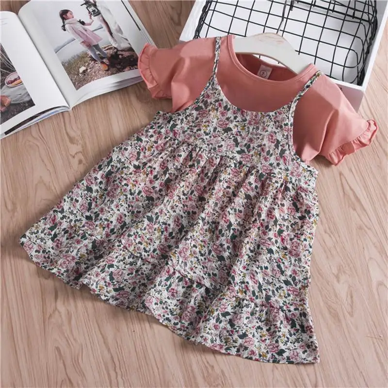 Princess dress Kids Baby Girls clothes set Summer short-sleeved T-shirt + floral halter Two piece children's suit | Детская одежда