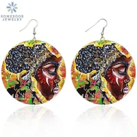 somesoor afro tribal ethnic art headwrap woman wood drop earrings african motherland map both sides printing dangle jewelry gift