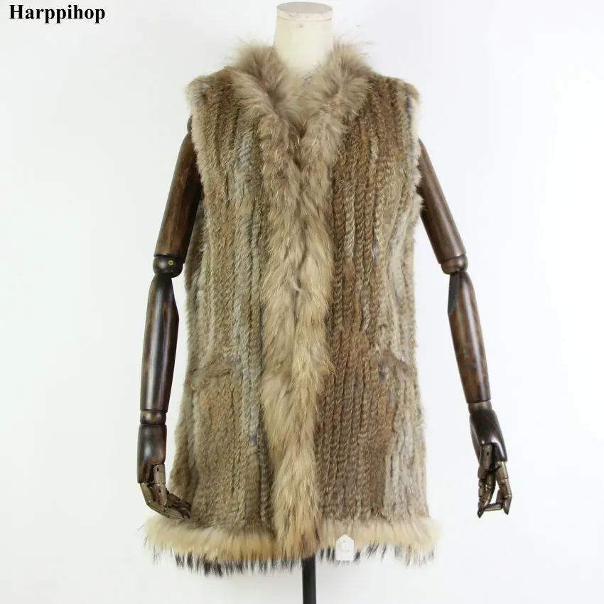 grass yellow Вязаный жилет из кроличьего меха с воротником из меха енота, жилетка без рукавов, жилетка, натуральный коричневый/белый - Цвет: grass yellow