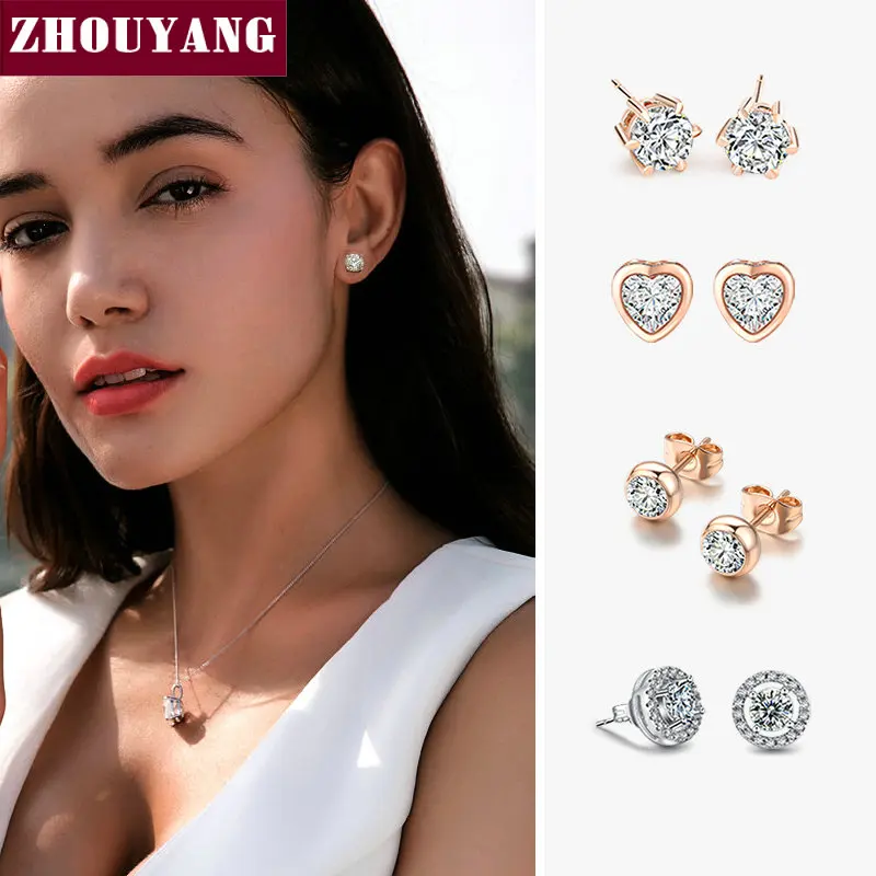 

Женские серьги-гвоздики ZHOUYANG, Классические свадебные украшения с кубическим цирконием, розовое золото и серебро, E035, 27 стилей