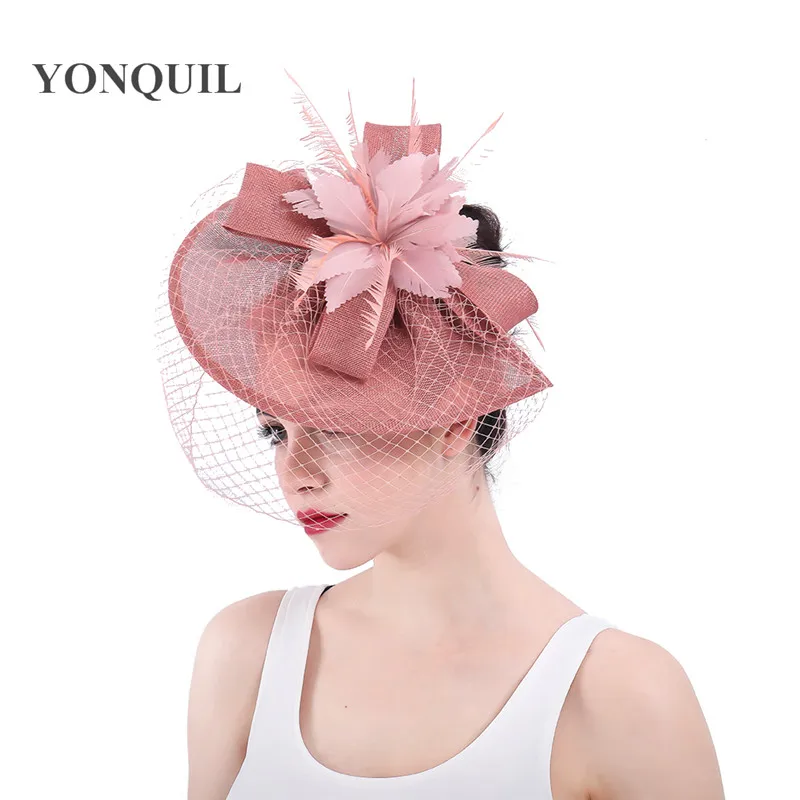 

New Color Dark Peach Imitation Sinamay Fascinators Hat Wedding Hair Accessories Feather Flower Church Cocktail Headpieces SYF310