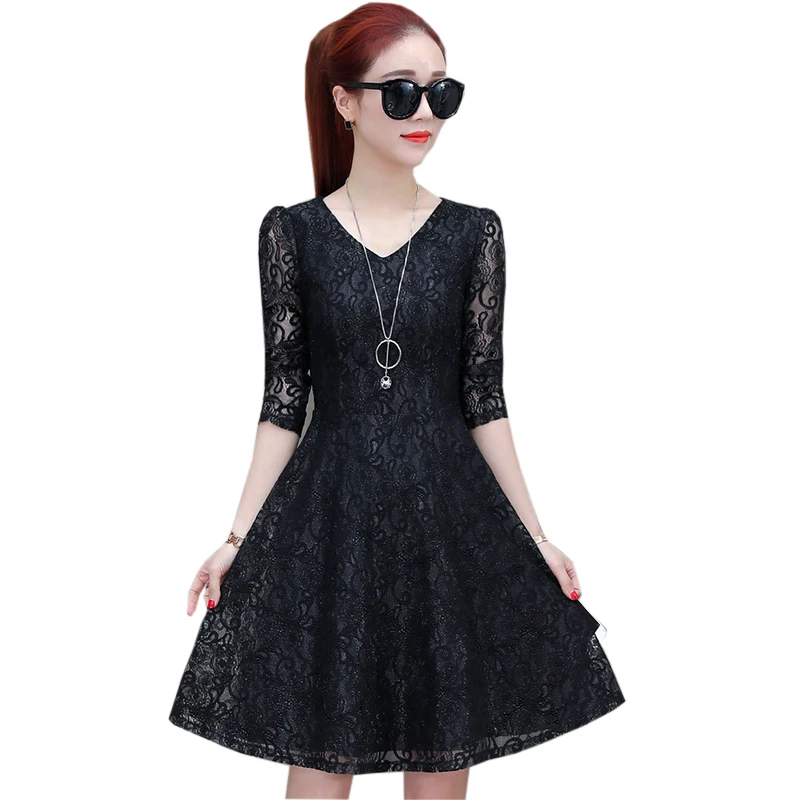 

Elegant Slim Hollow Out Dress Female Fashion Solid Half Sleeve V-neck Mini Party Dresses Vestidos Summer Lace Short Dress RE0606