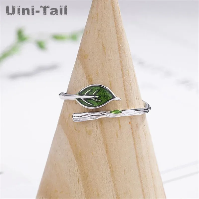 

Uini-Tail горячее новое 925 пробы Серебряное маленькое кольцо с зелеными листьями креативное простое открытое регулируемое кольцо GN385