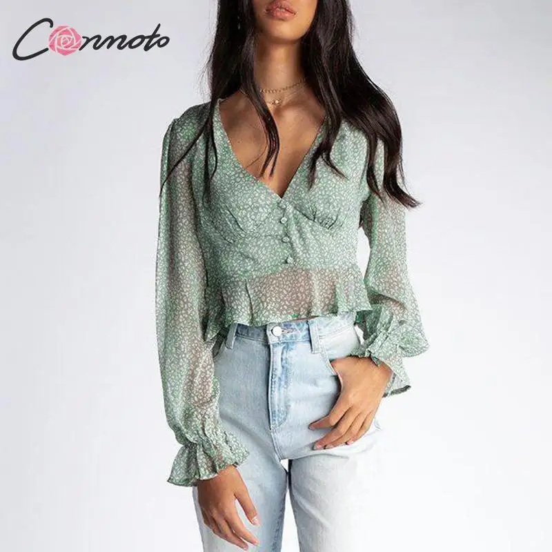 Conmoto Модные шифоновые топы и блузки зелёные с принтом летняя прозрачная блузка