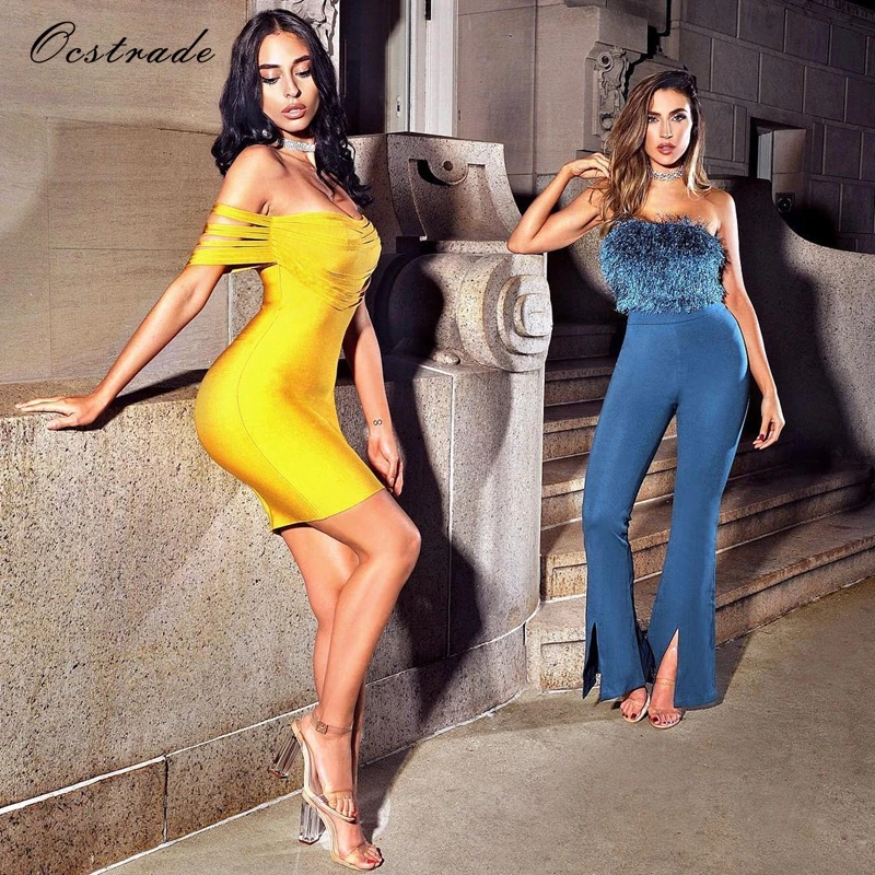 Ocstrade Vestido вискозное Бандажное платье Новое поступление летнее высококачественное желтое Сексуальное бандаж голые плечи платье Вечерние