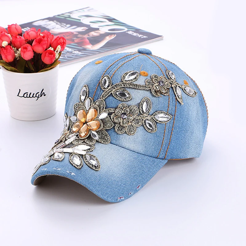 Для женщин Бейсбол Кепки алмазов картина Вышивка цветок Джинсовые Snapback Шапки