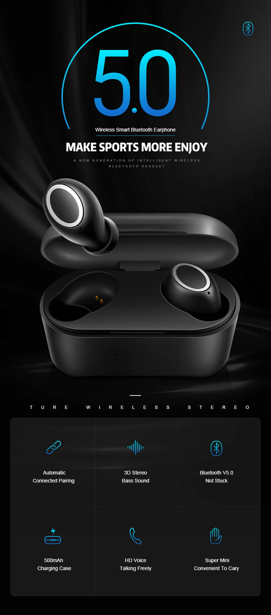 TEBAURRY Bluetooth наушники 5,0 TWS мини беспроводная гарнитура сенсорное управление 3D стерео бас наушники с зарядной коробкой портативный
