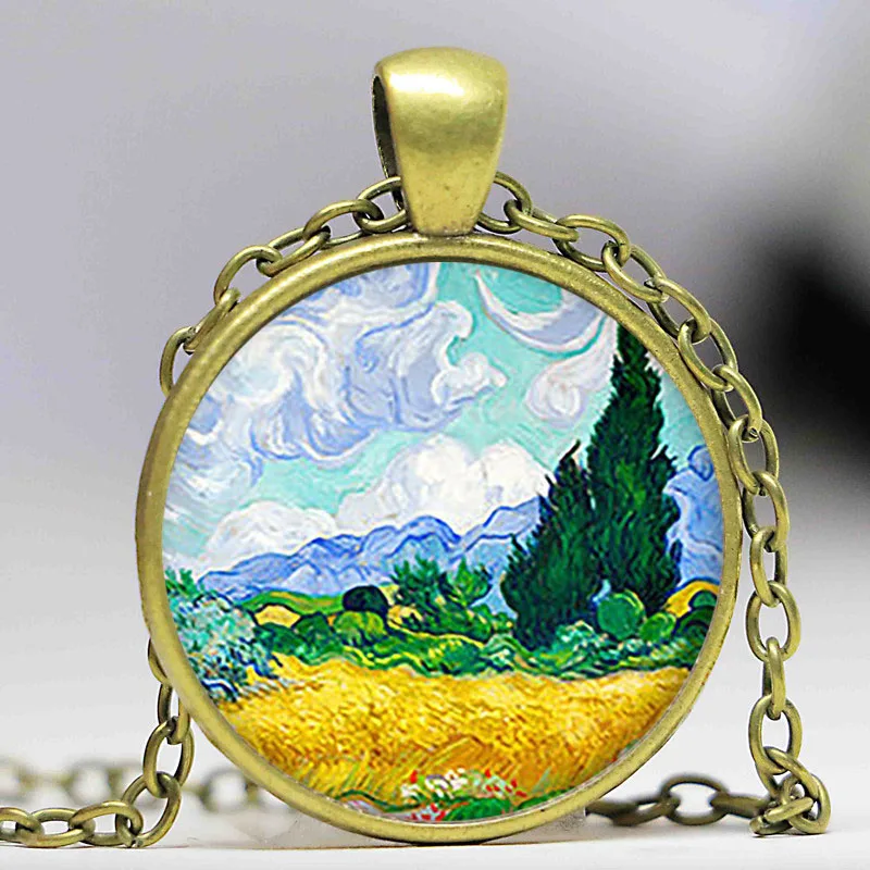 Винтаж Ван Гог пшеничное поле искусства стеклянный кабошон для кулона ожерелье