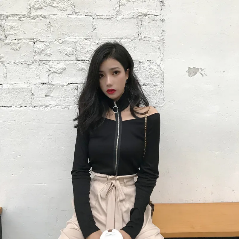 Осенняя винтажная женская одежда Черный Холтер водолазка на молнии топы с