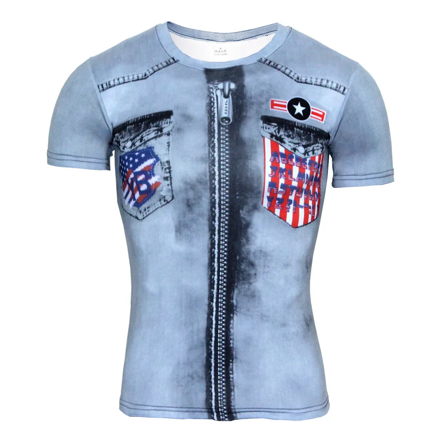 Летние 3D печатных мужские футболки ложный карман на молнии короткий рукав сжатия