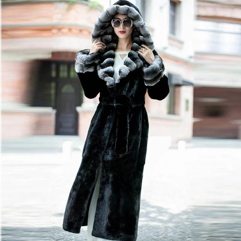 length 120cm Женское пальто X-Long, настоящая Шиншилла, шуба из кролика рекс с капюшоном, толстое теплое зимнее пальто, натуральный мех, куртка с кроличьим пухом, RB-031 - Цвет: length 120cm
