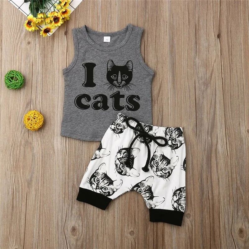 Newborn Baby Boys Outfits Cat Print Tank Tops Sleeveless Shirt Shorts Pants Set Clothes Kids Clothing Sets |