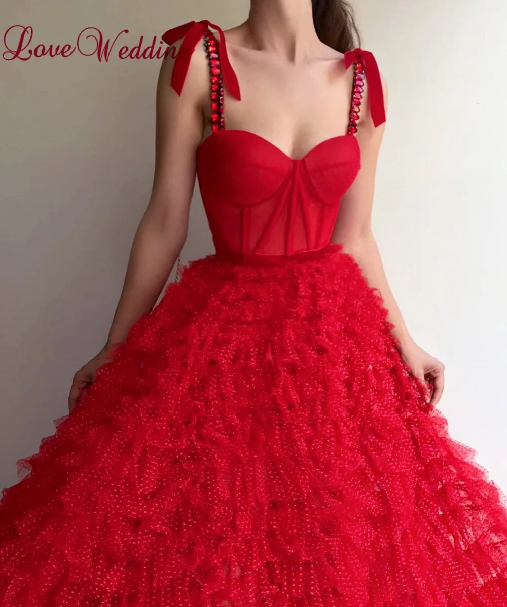 Вечернее платье iloveсвадебное на тонких бретельках с бисером Красное Кружевное