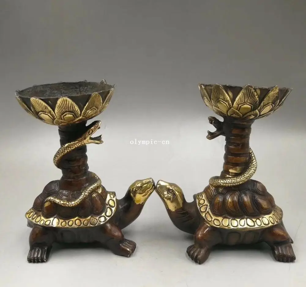 

Pair bronze copper carved auspicious animal Dragon Turtle snake candlestick