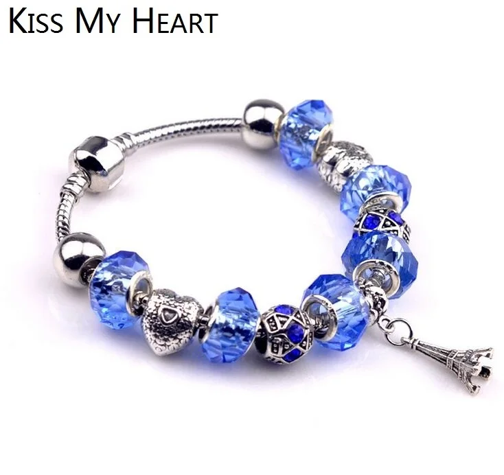 New Eiffel Tower Metal Crystal Beads Charm Bracelet Femme For Women Silver Plated Prata 925 Bracelets &amp Bangles Pulseras Jewelry |