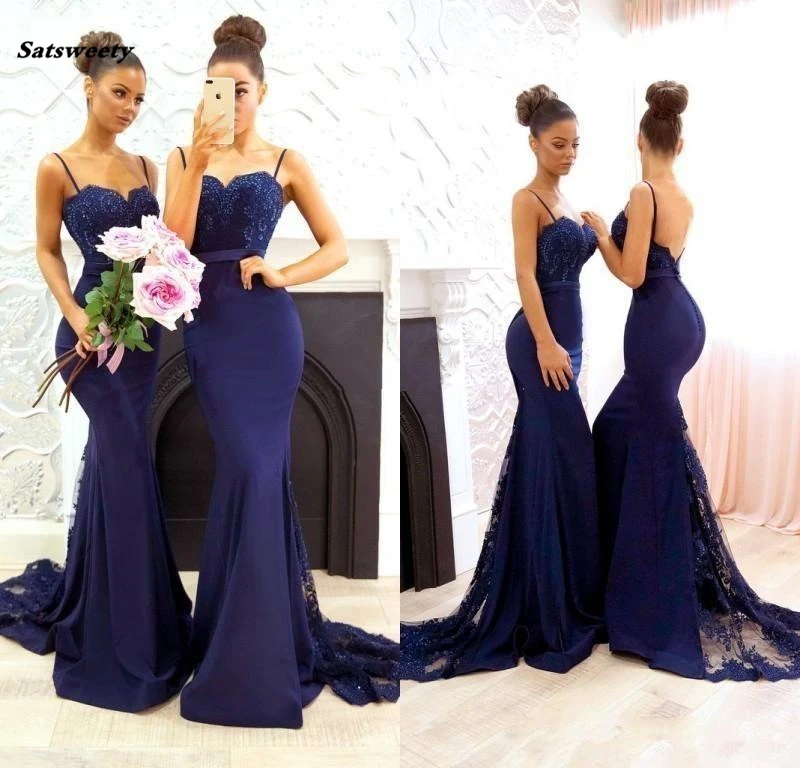 

2021 Bridesmaid Dresses Mermaid Spaghetti Sleeveless Sweep Train Prom Gown With Lace Applique Beads Backless Wedding Party Dress