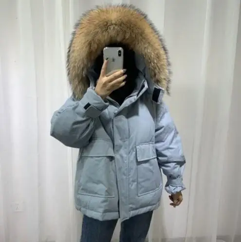 Real Fur Большой натуральный мех енота воротник с капюшоном женские белые пуховики Свободные Теплые утепленные парки для женщин зимняя куртка для женщин - Цвет: Real Fur