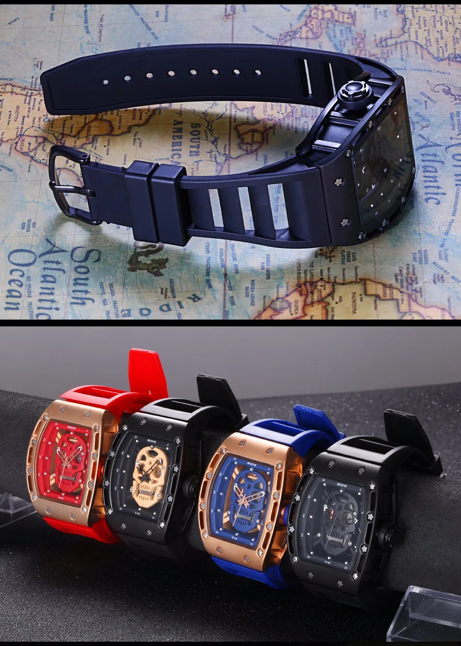 

2019 new brand fashion trend sports ghost head stainless steel waterproof men and women models multi-function quartz watch