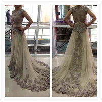 new sexy long arabic evening dress cap sleeve high neck beaded a line tulle celebrity prom gowns