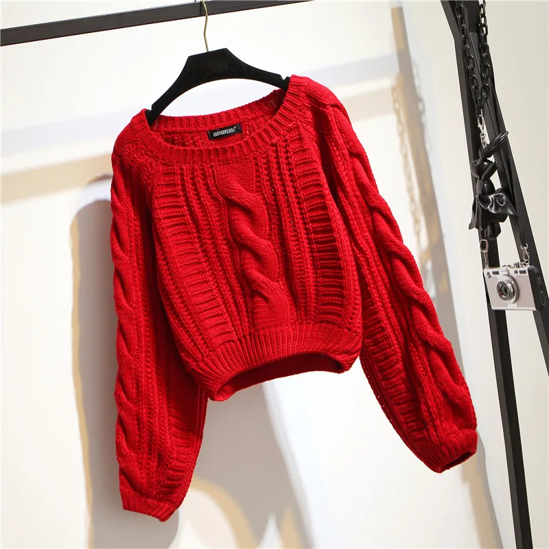 Candy colors Twisted lines Solid Sweater Autumn Winter New O-neck Long Sleeve Lantern Short Pullovers Jumper | Женская одежда