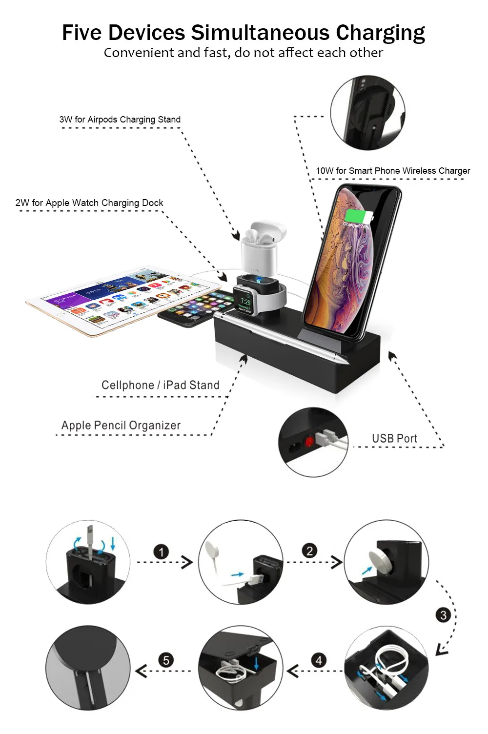 8 в 1 10 Вт QI Беспроводная зарядная станция для iPhone XR XS Max Airpods Apple Watch 4 3 быстрая зарядная док-станция Apple для samsung