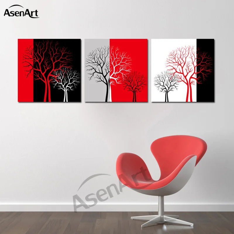 Красный черный белый три цвета дерево современная картина 3 панели
