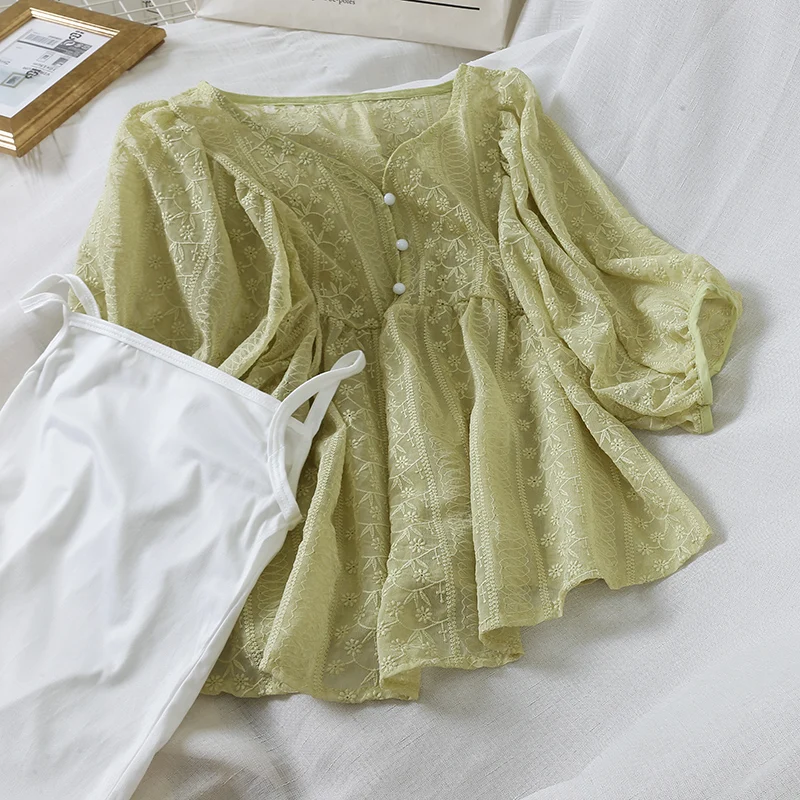Женская зеленая блуза с крылом длинным рукавом кружевная блузка кроше шифоновый