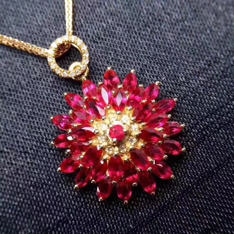 

Fashion big Sun flower natural red ruby gem Pendant natural gemstone pendant necklace S925 silver girl wedding gift fine jewelry