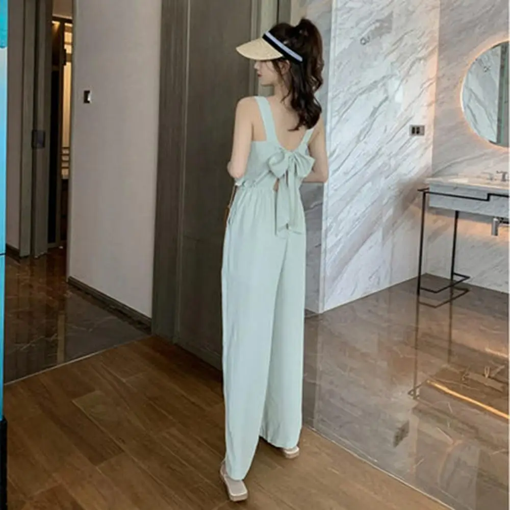 Women Summer Elegant High Waist Sling Romper Ladies Lace Up Bow Straight Trousers Fashion Solid Chiffon Jumpsuits for | Женская одежда