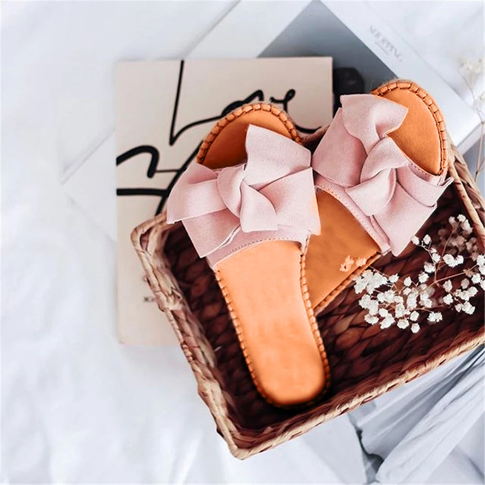 Pink Женские повседневные тапочки; женские летние шлепанцы; уличные пляжные шлепанцы на плоской подошве с бантом; женская модная обувь - Цвет: Pink
