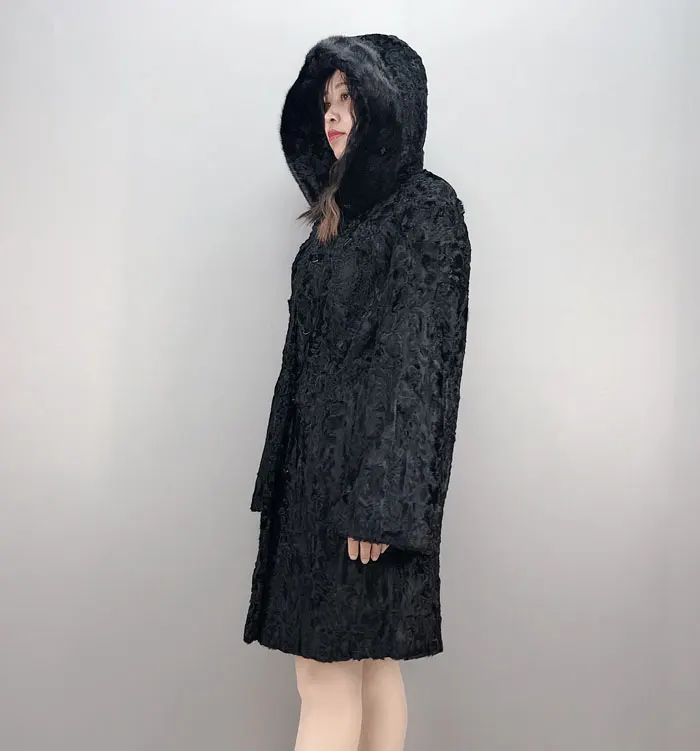 Натуральное меховое пальто Karakul, меховое пальто с капюшоном, длинное женское зимнее пальто QD. YISHANG