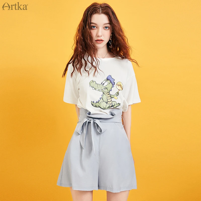 Женские шорты с поясом ARTKA серые свободные высокой талией повседневные KA15290X лето