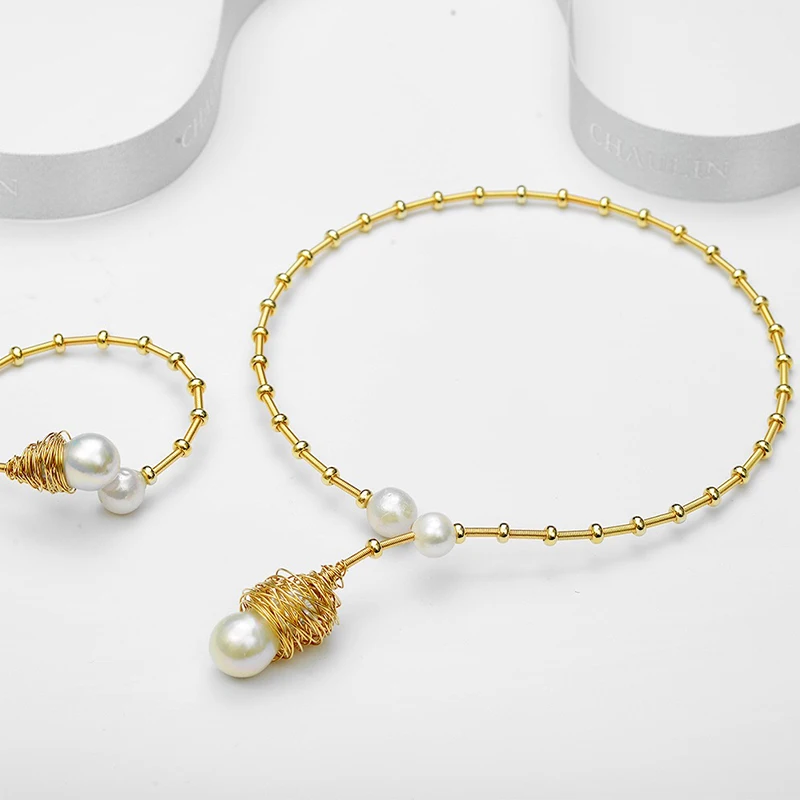 ANI 14K рулон золота ручной работы для женщин Torques натуральный пресноводный белый