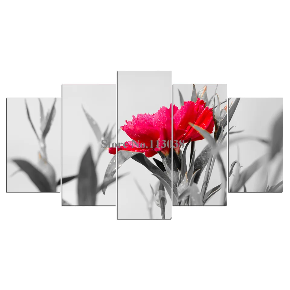 

5 Panels Set Beautiful Red Flowers Printed Canvas Painting Living Room Wall Art Pictures Posters No Frame