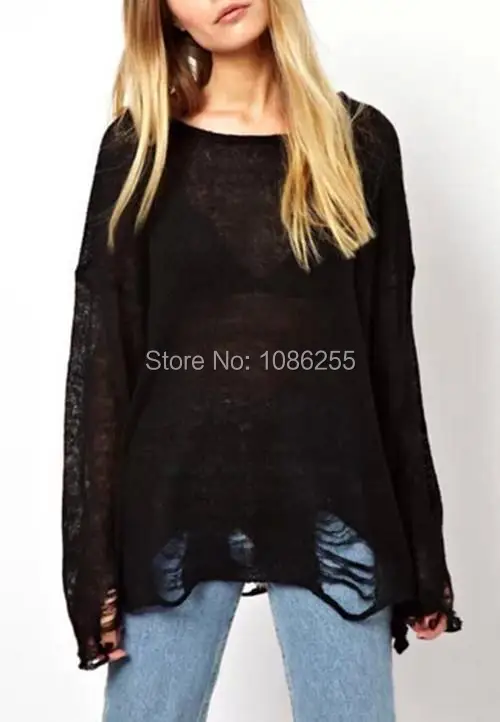 2015 женский свободный свитер с отверстиями асимметричный подол Свободный вязаный