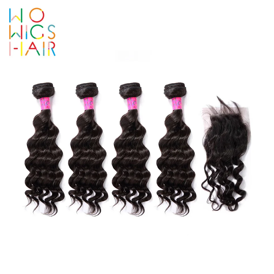 

WoWigs Hair Malaysian Hair Remy Hair Deep Wave 4 / 3 Bundles Deal With Top Lace Closure Natural Color 1B