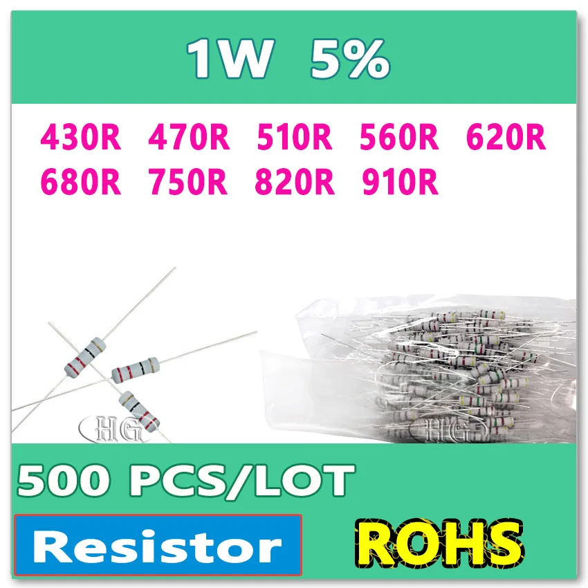 JASNPROSMA 500 шт./лот 5% 1 Вт 430R 470R 510R 560R 620R 680R 750R 820R 910R углеродная пленка DIP Ом резистор|ohm| |
