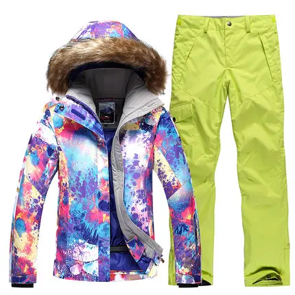 GSOU SNOW 2017 New Women's Winter Ski Suit With Hair Collar Windbreaker Warm Waterproof Breathable Jacket+Ski Pants | Спорт и