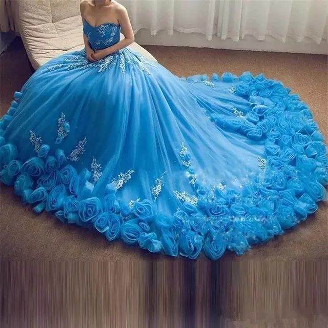 Синее бальное платье платья для маскарада и Quinceanera с цветочной аппликацией