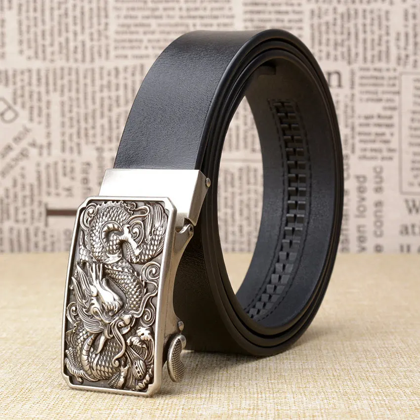 black sliver buckle Известный бренд, Китай, ремень с пряжкой в виде дракона, мужские ремни из натуральной коровьей кожи, роскошные кожаные мужские ремни, мужской ремень с металлической автоматической пряжкой - Цвет: black sliver buckle