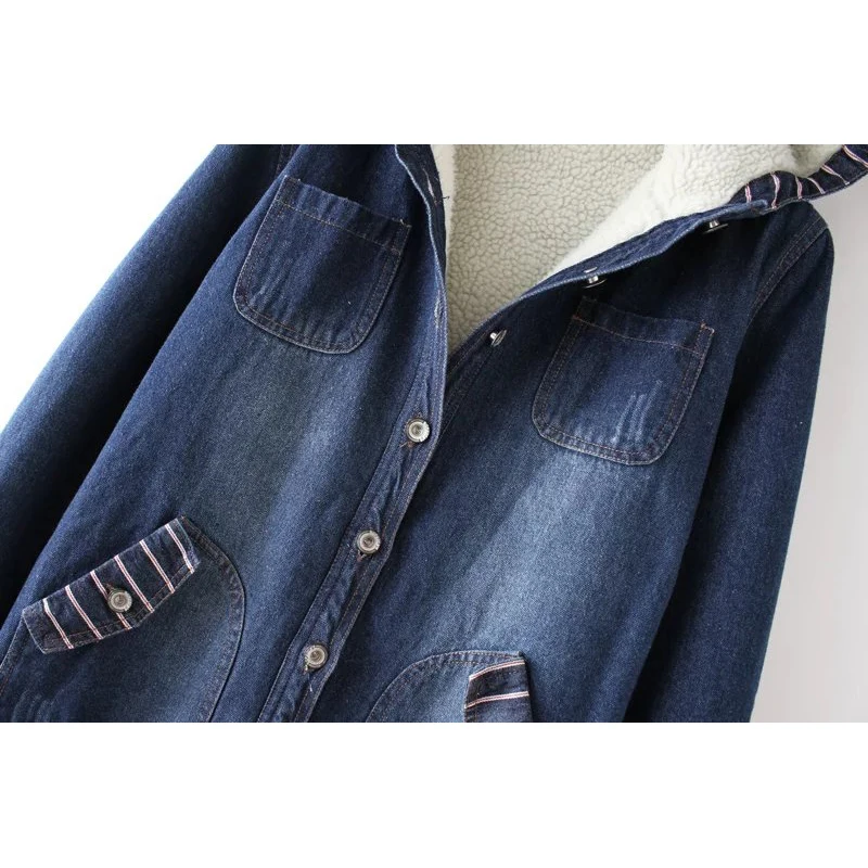 Женская джинсовая куртка повседневная однотонная хлопковая теплая с капюшоном