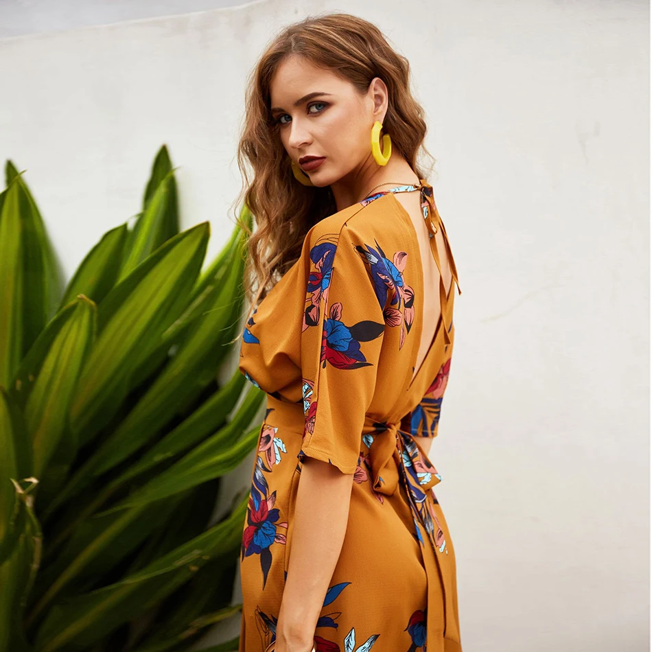 Bayboad летняя винтажная Ретро верблюжья глубокий v-образный вырез открытая спина