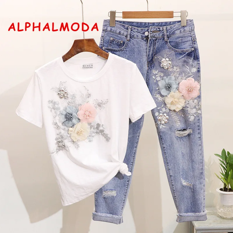 Женская футболка ALPHALMODA с 3D цветочной аппликацией облегающие джинсовые штаны